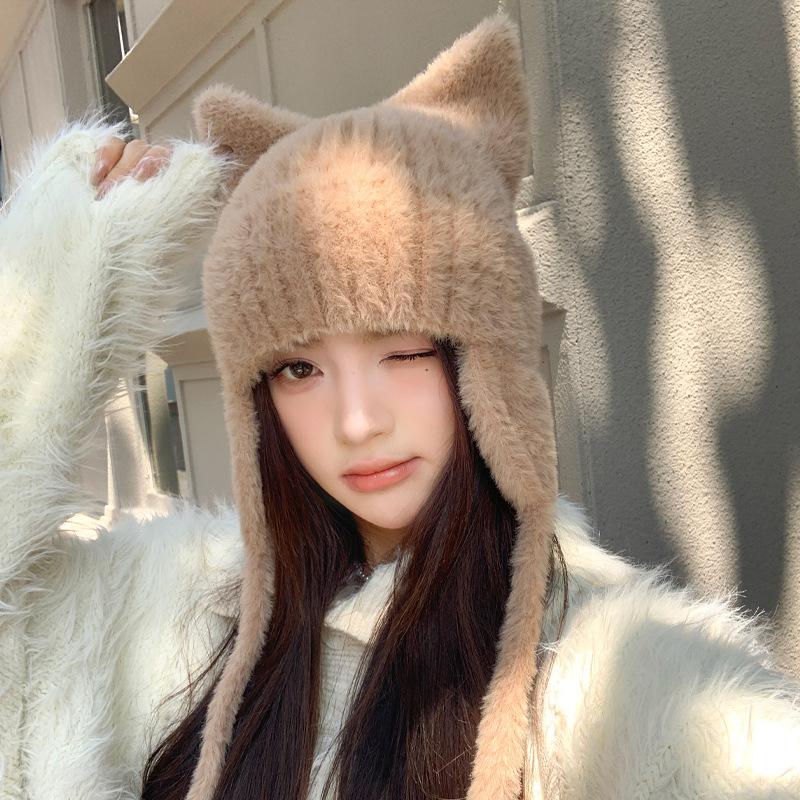 Korean New Hat for Women's Autumn and Winter Solid Color Knitted Wool Hat Cute Cat Ears Winter Warm Ear Protection Hat