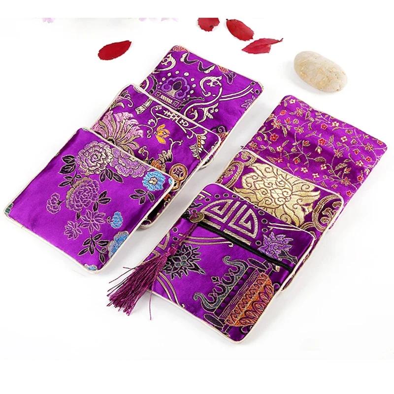 Chinese Brocade Jewelry Bag Handmade Silk Embroidery Padded Small Zipper Tassel Jewelry Organizer Storage Pouch Satin Gift Bag