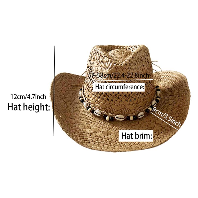 Bohemian Shell Bead Design Straw Beach Hat Men Women Wide Brim Cowgirl Hat Stylish Handmade Hollow Rolled Edge Sunscreen Caps