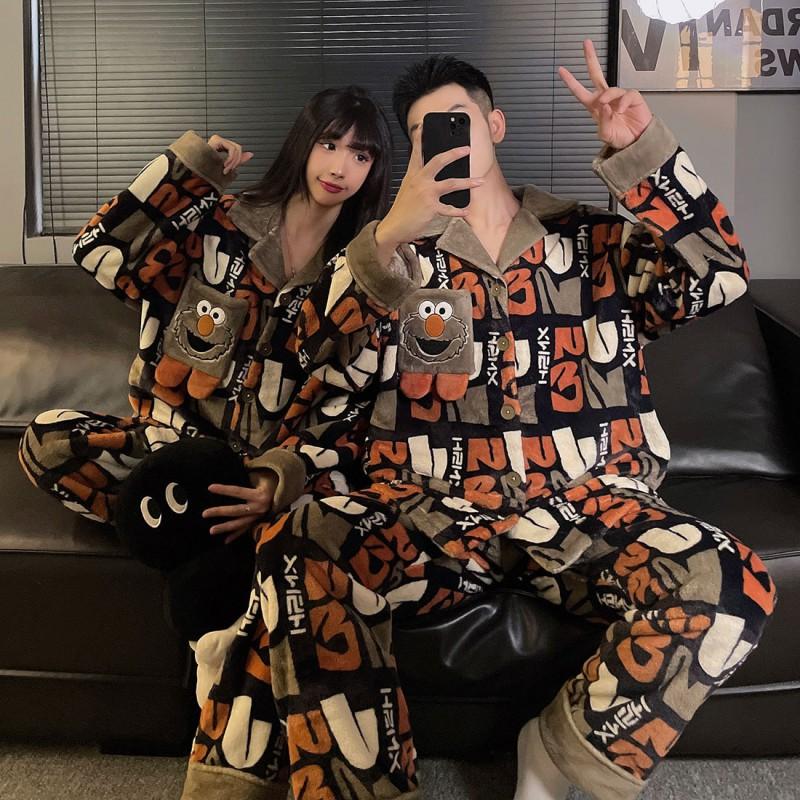 Thick Flannel Pajama Set Couples Cartoon Design Warm Sleepwear Long Sleeve Home Loungewear