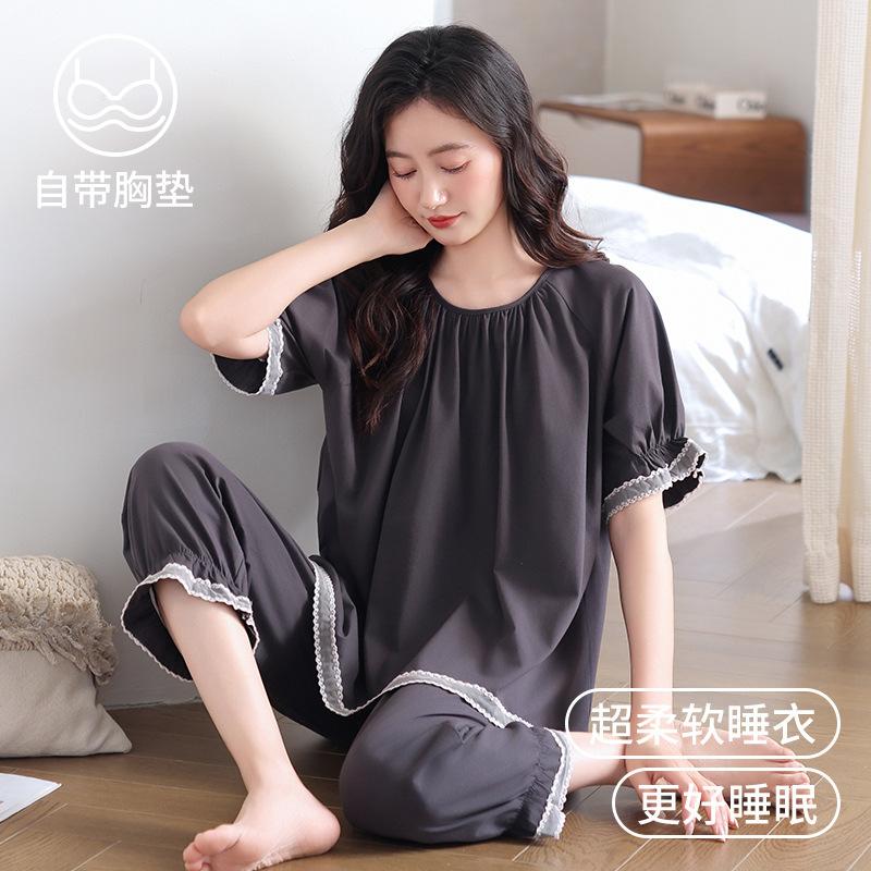 Pajamas Women's Summer Cotton Short-sleeved Eight-point Pants with Chest Pads 1011 New High-end Summer Half-sleeved Loungewear