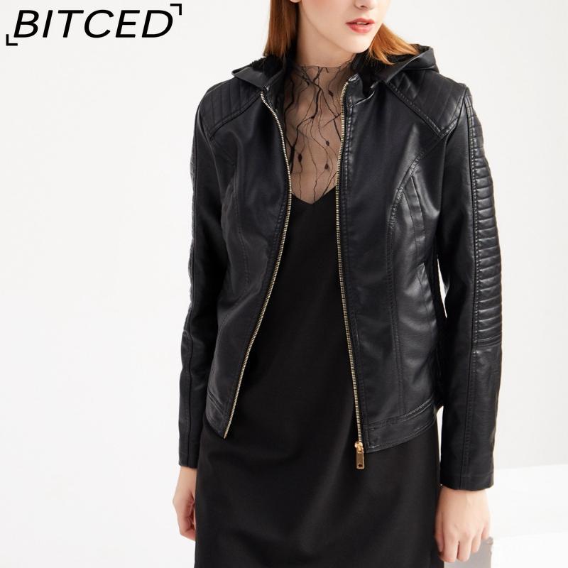 BITCED Plus Size Fleece-Lined Women's Leather Jacket with Hood Autumn/Winter Short Coat Warm Casual Jacket