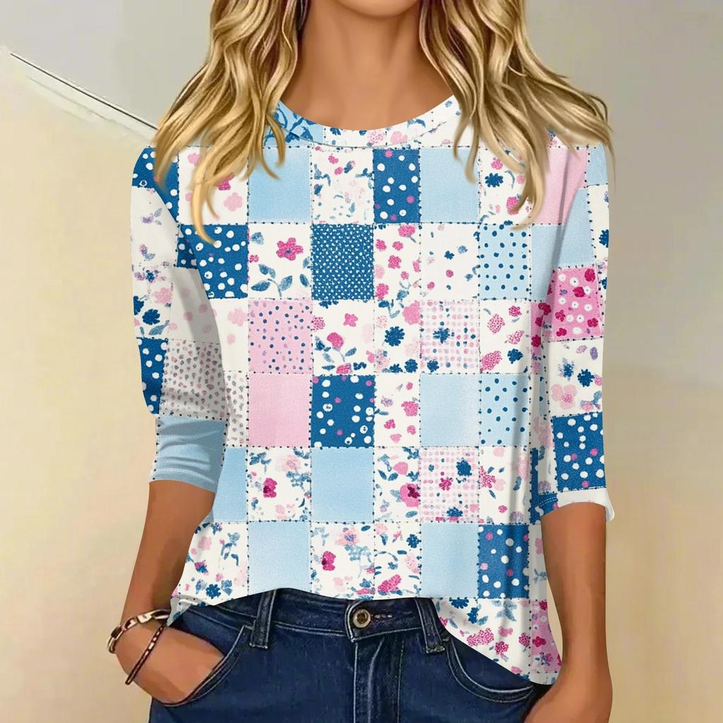 Women's Fashion Casual Three-quarter Sleeve Vintage Floral Print Round Neck Top