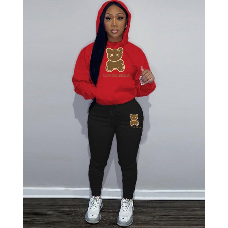 Womens Comfortable Hooded Sweatshirt Jogger Pants Set With Bear Print Color-Block Design Streetwear