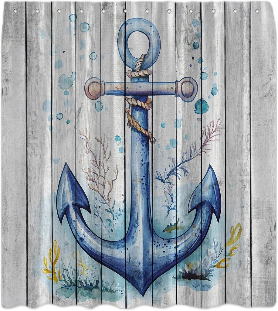 Nautical Anchor Shower Curtain Ocean Coastal Vintage Wooden Board Seaweeds Retro Sea Blue Marine Rustic Bath Curtain with Hooks