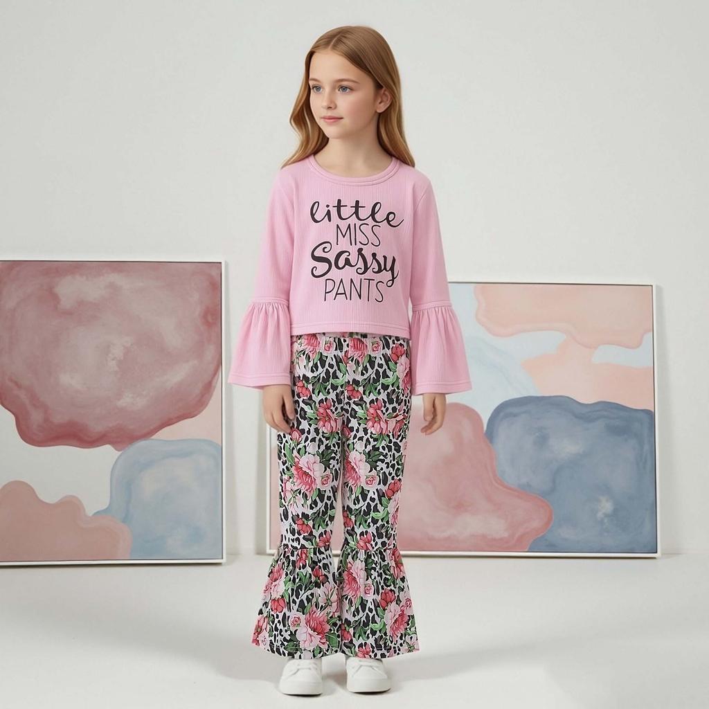 Girls Fashion Spring Autumn 2 Piece Sets Long Sleeve Letter Flared Cuff Pullover Top Flower Leopard Print Flared Pants Outfit