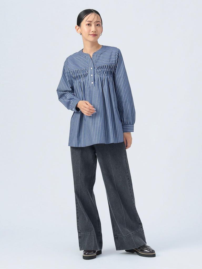 Beams Heart Modified Blouse Navy One Size Women's L/S Shirt, Tuck, No-Collar 2, Stripe,