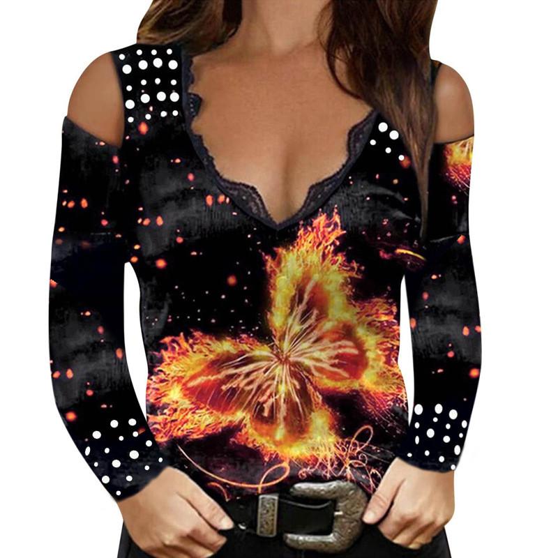 Spring V Neck T Shirt With Lace And Flower Print For Elegant Office Wear