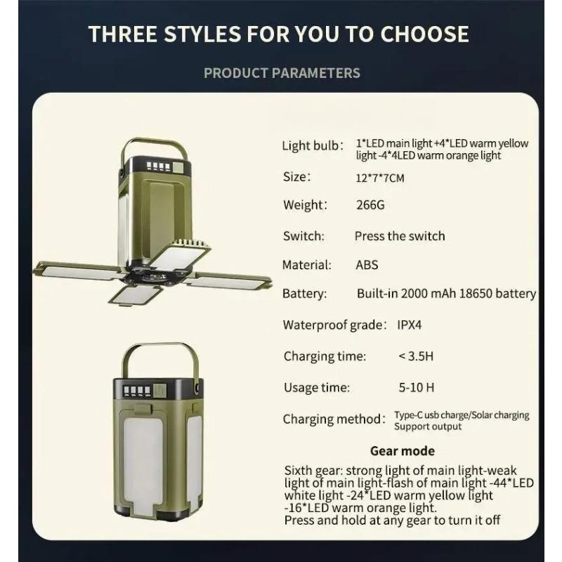 Solar Campinglampe Typ-C/Solar Aufladbare Tragbare Lampe mit 2000mAh Batterie 6 Beleuchtungsmodi Outdoor Tragbare Hängende Zeltleuchte