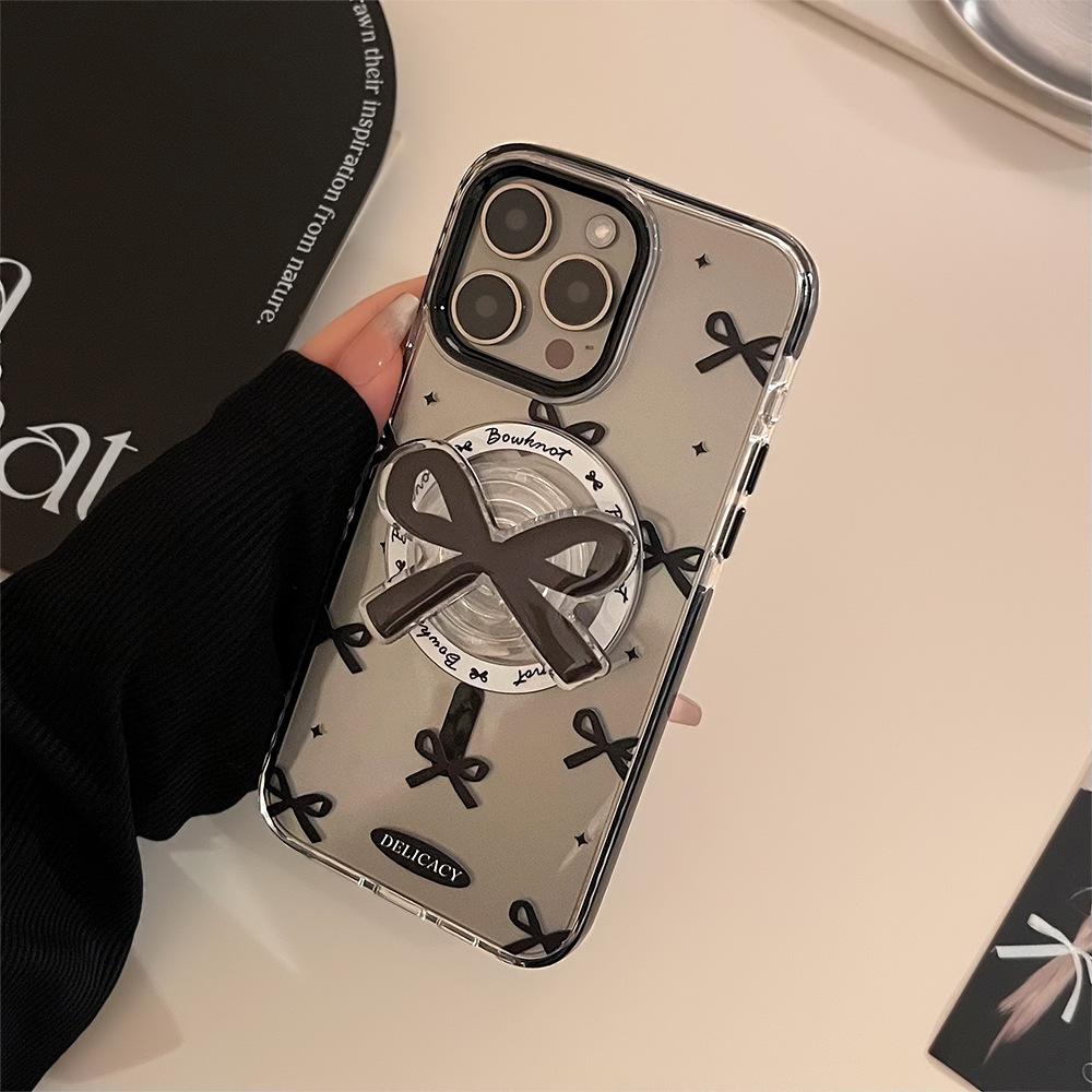 Black Bow Magnetic Suction Case 15Promax Transparent IPhone Case 14 Suitable for 13 Advanced 12 Bracket 16