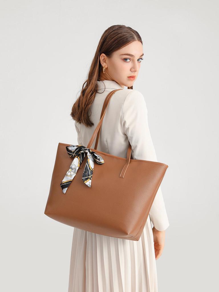 Stylish 2024 Solid Color Women's Tote Bag with Silk Scarf Decoration In Chic Litchi Grain Sheepskin Texture