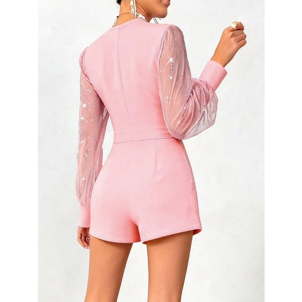 Damen Sommer Frühling Kurze Jumpsuits und Strampler Netz Langarm V-Ausschnitt Bodysuits Damen Elegant Playsuits