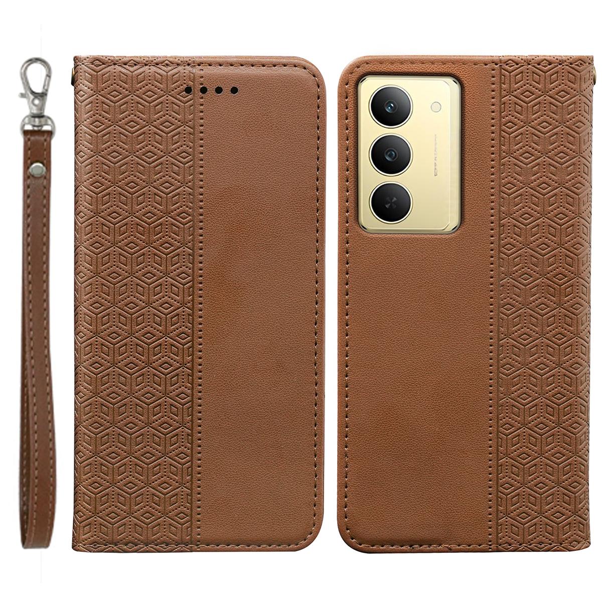 

For Realme 14x 5G Wallet Phone Case Strong Magnetic Checkered Pattern Imprint Leather Flip Cover Brown