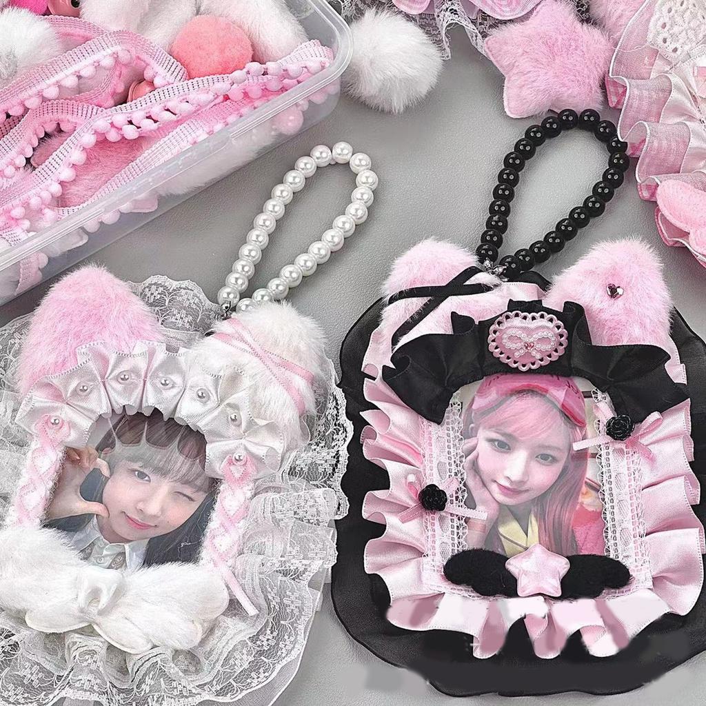 Elegant Faux Pearls Chain and Card Holder Necklace Keychain Photocard Sleeve Bag Pendant for Fashionable Women Girls