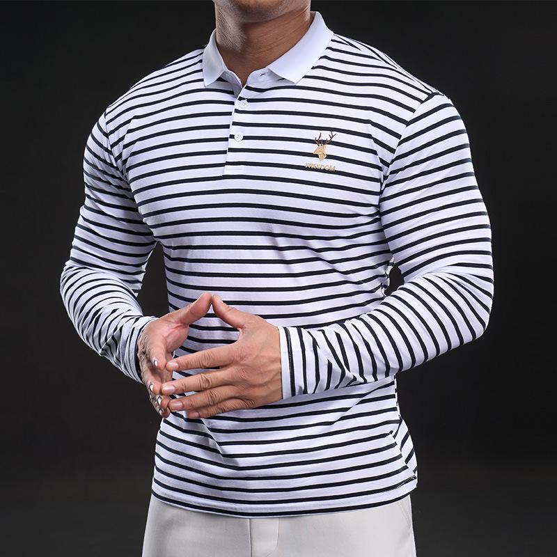 Herre Stripet Basis Skjorte for Menn med Halvhøy Hals Lange Ermer Nytt Temperament Vår og Høst T-skjorte Bomull