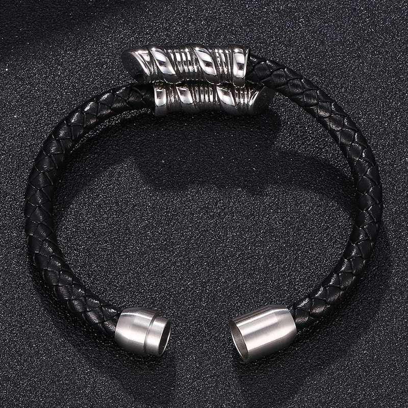 Fashion Men Charms Spiral Stainless Steel Buckle Bracelet Black Leather Bracelet Punk Man Wrist Band Gifts