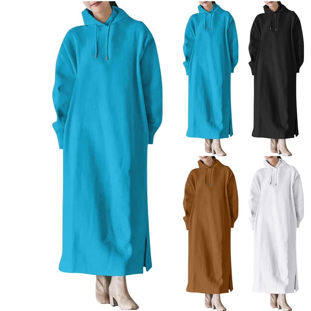 Dámská jednobarevná mikina s dlouhým rukávem a kapucí se spodním okrajem větších velikostí, rovná kapsa, volné dlouhé šaty