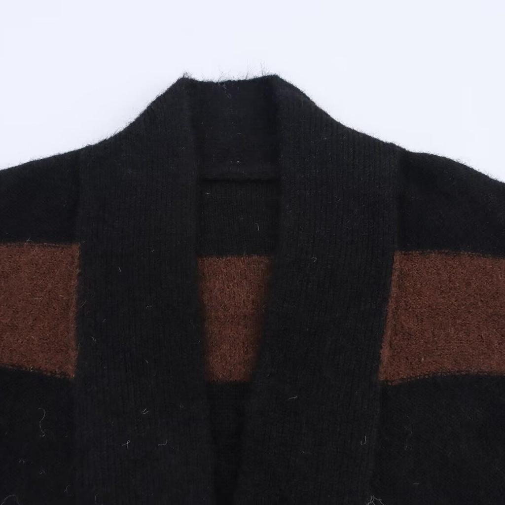 Höst 2025 Dam Retro Randig Stickad Cardigan Trenchcoat
