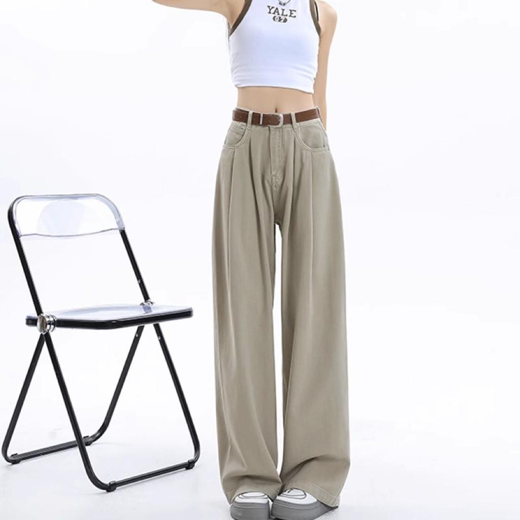 Women s 2024 High-Waisted White Wide-Leg Jeans - Slimming, Loose, Pleated, and Draped Straight-Leg Pants 3XL бежевый