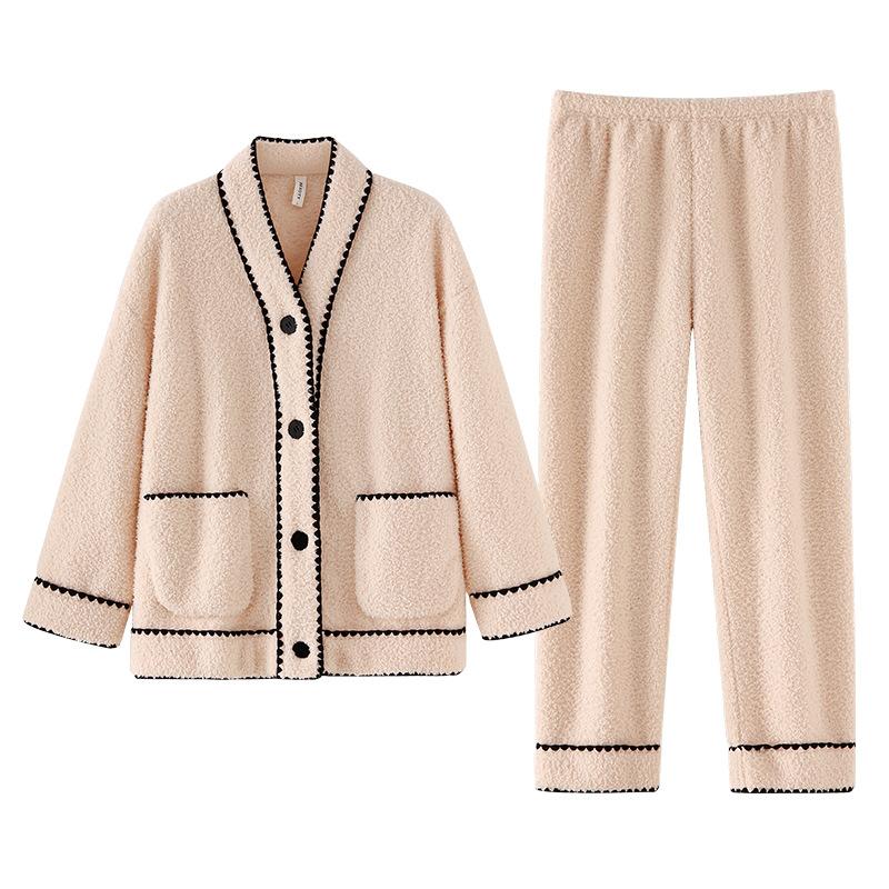 Coral Fleece Pajamas Women'S Winter 2024 Thickened Fleece Autumn And Winter Casual Flannel Loungewear Warm Suit