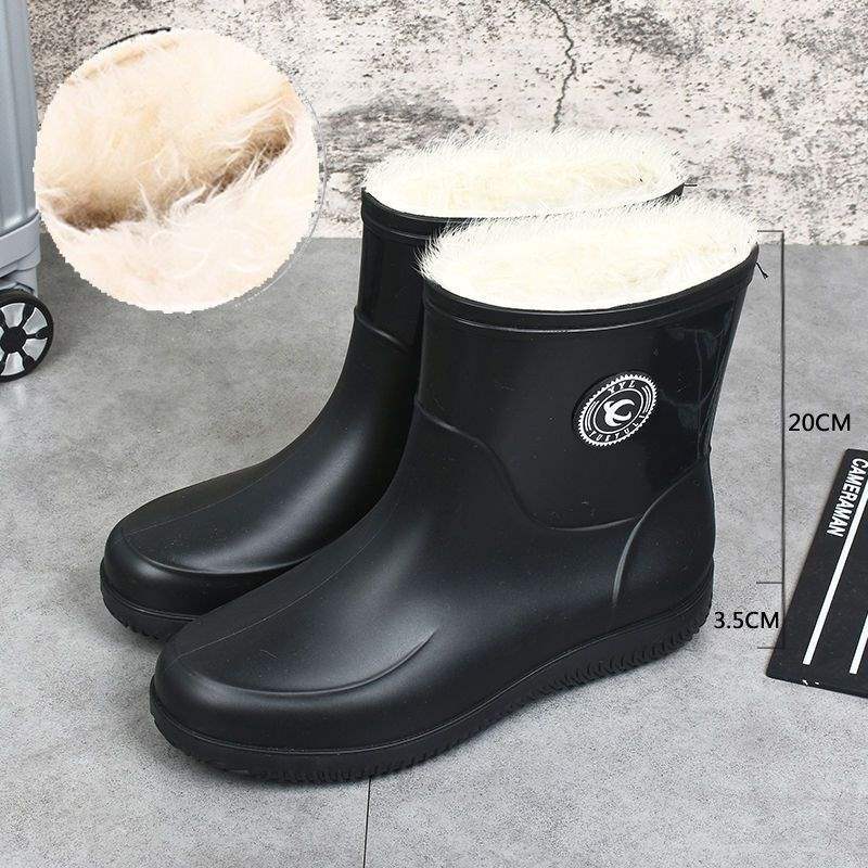 Rain shoes men's short tube winter velvet warm large size waterproof rain boots kitchen non-slip and wear-resistant work rubber shoes overshoes