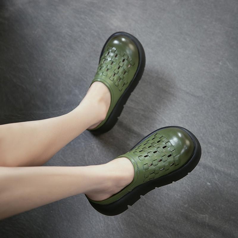 Johnature Chaussons d'extérieur rétro en cuir de vachette à semelles épaisses et bout rond, tissés à la main, polyvalents, pour femmes, à enfiler