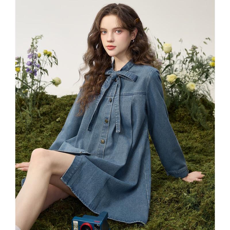 TonLion 2026 Spring Women's Ribbon Denim Dress