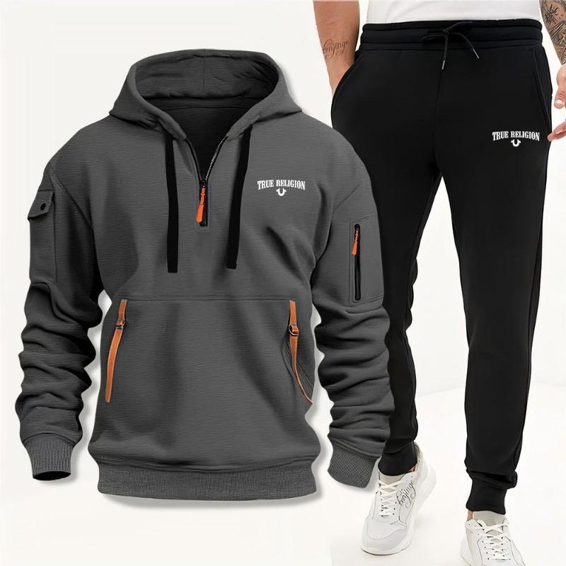 2024 European and American Men's Multi-pocket Multi-zipper Fleece-lined Sweater Suit Daily Joker Street Fashion Fashion Fashion