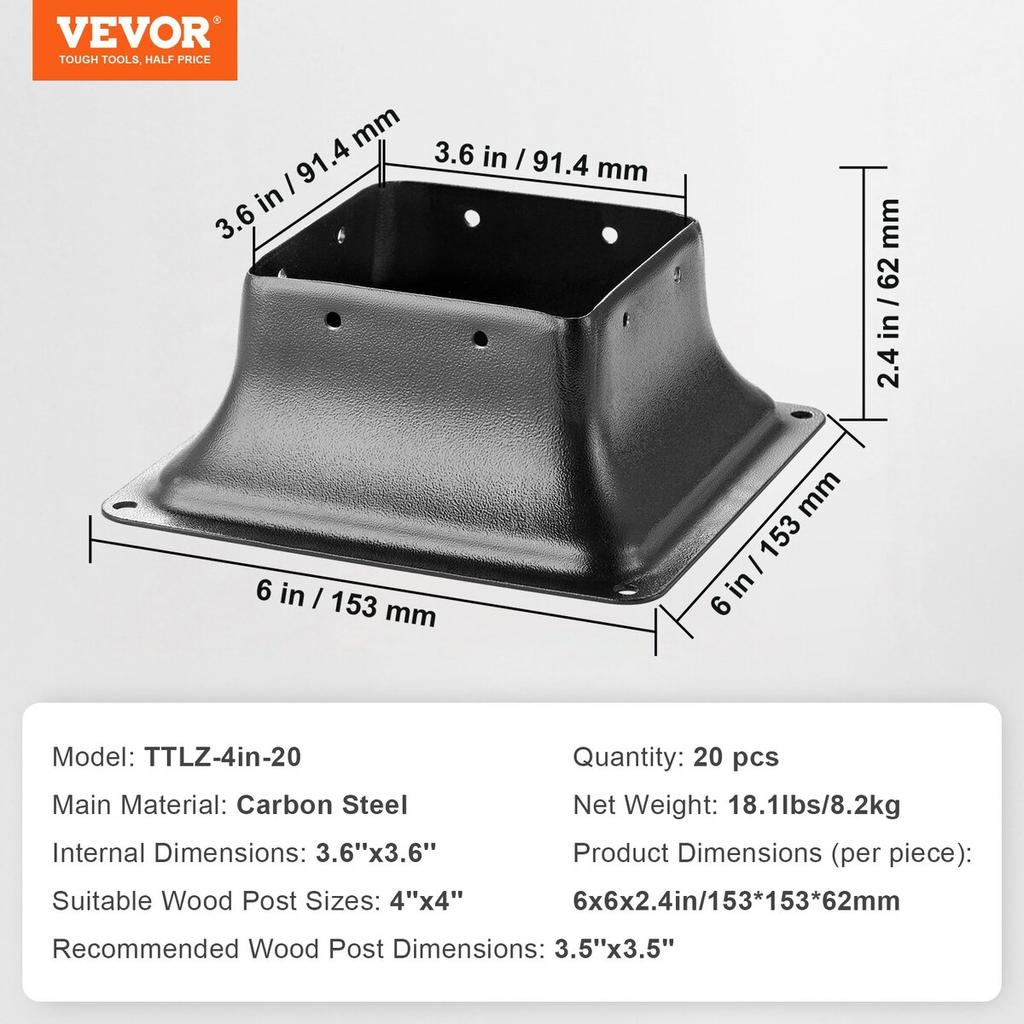 101.6x101.6mm Post Base 20Pcs, Internal 91x91mm Heavy Duty Powder-Coated Steel Post Bracket Fit for Standard Wood Post Anchor, Decking Post Base for