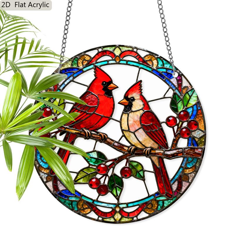 Acrylic Pair of Northern Cardinals on Branch Suncatcher Stained Glass Effect Window Hanging Ornament Bird Themed Gift for Home