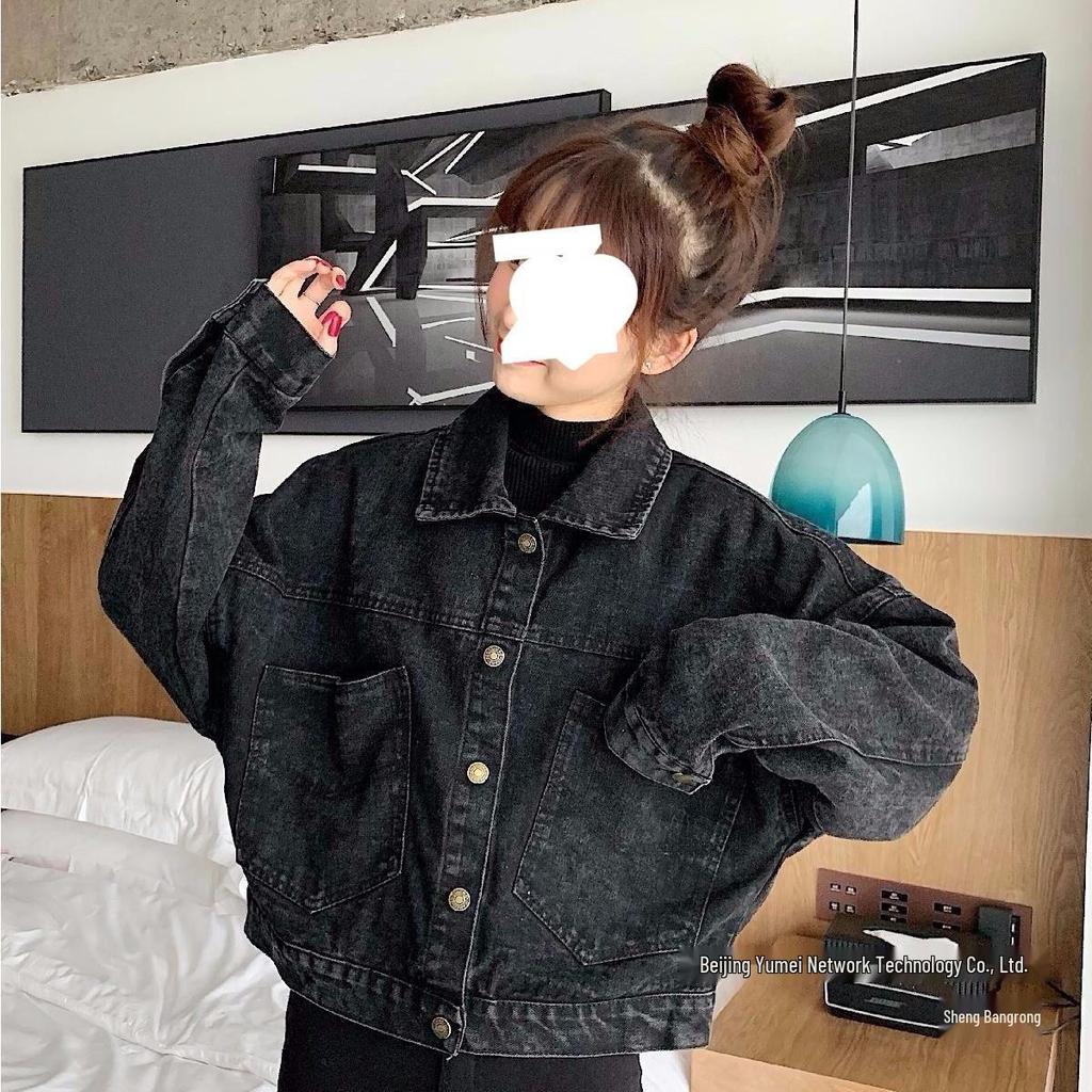 Women's Black Loose Denim Jacket - Korean Style, Short, Versatile for Spring and Autumn