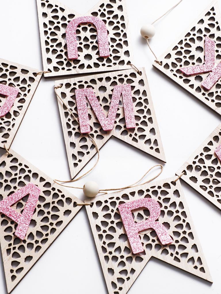 1Pc Pink Wooden Ramadan Muslim Decor Banner Pull Flag Ramadan Kareem Hanging Ornaments Wooden Ornaments Eid Mubarak Happy Gift