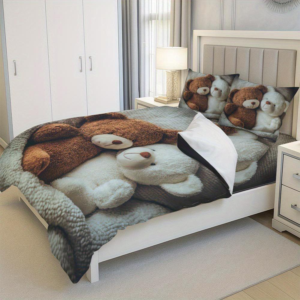 Lifesmells 2/3Pcs Teddy Bear Duvet Cover Set Teddy Bear Bed Cover Set Cozy Bedding Set Holiday Gift Idea For Merry Christmas