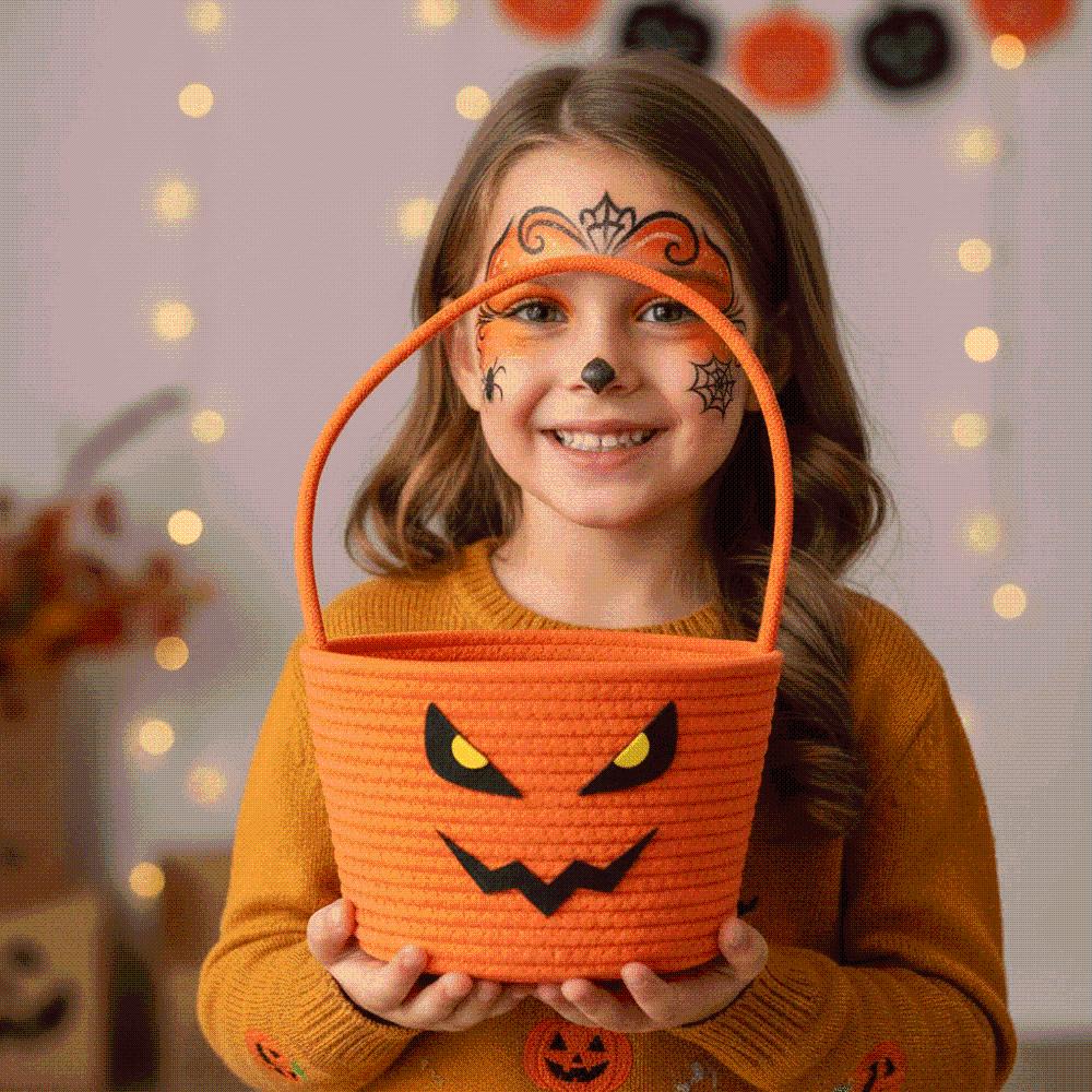 Braided Pumpkin Candy Bucket Orange Trick Treat Tote Kids Gift Hamper Woven Storage Pouch Teachers
