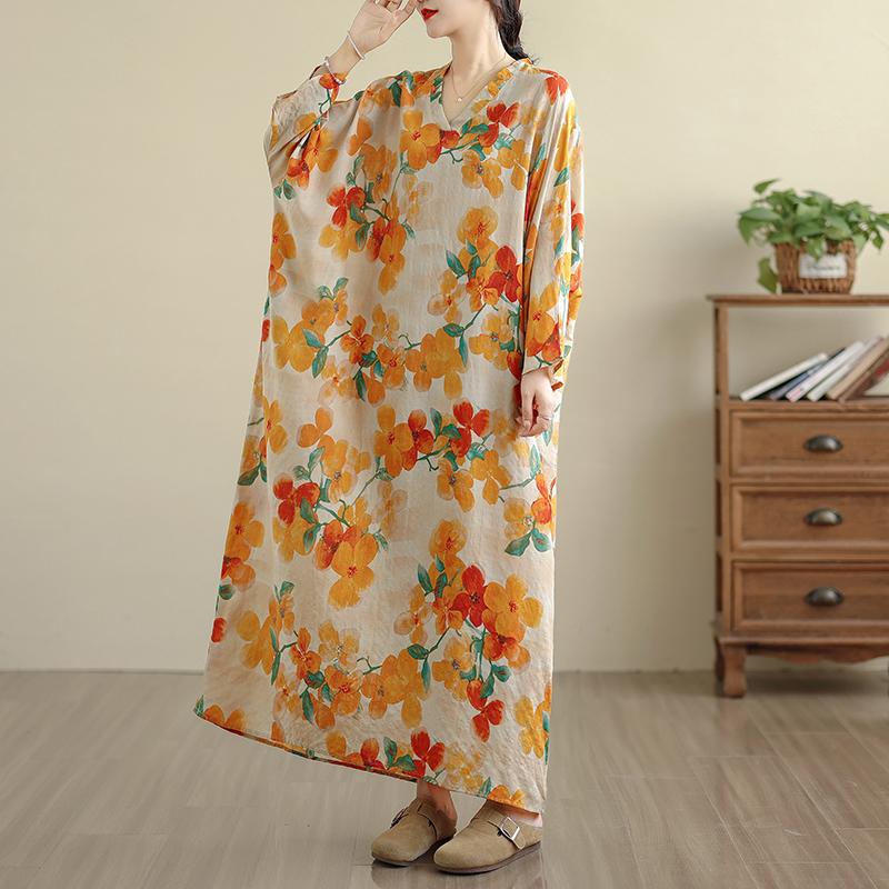 DIMANAF 2025 Women Plus Size Spring Long Dress Loose V-Neck Printing Vintage Casual Floral Oversize Long Sleeve 5050