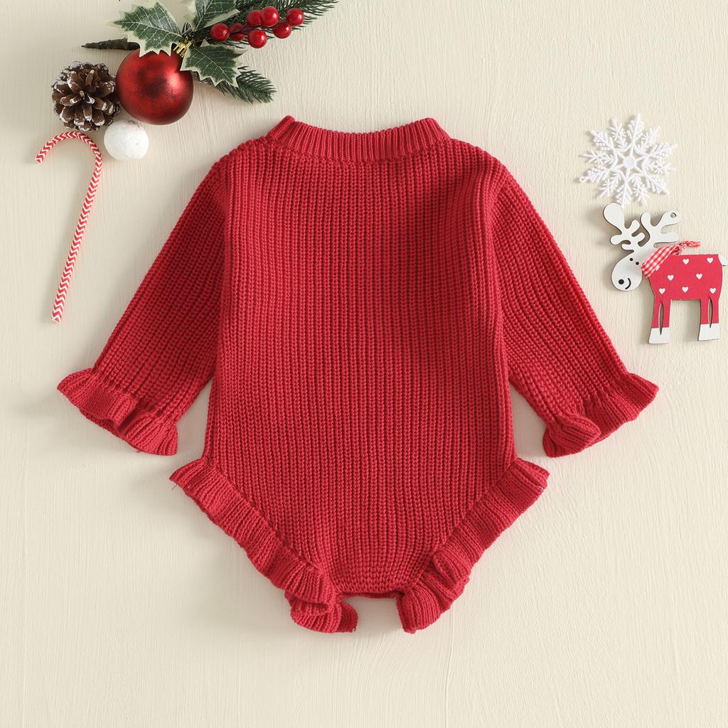 Citgeett Winter Christmas Infant Baby Girl Bodysuit Sweater Letter Embroidery Crew Neck Jumpsuit Fall Xmas Clothes
