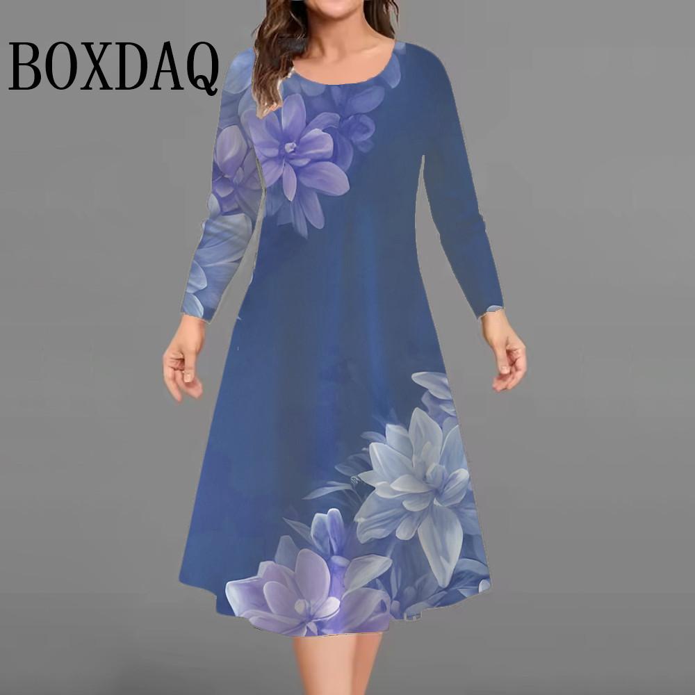 Flowers 3D Print Dresses For Women 2025 Autumn Winter Clothing Plus Size Long Sleeve Dress Casual Retro O-Neck Loose Mini Dress