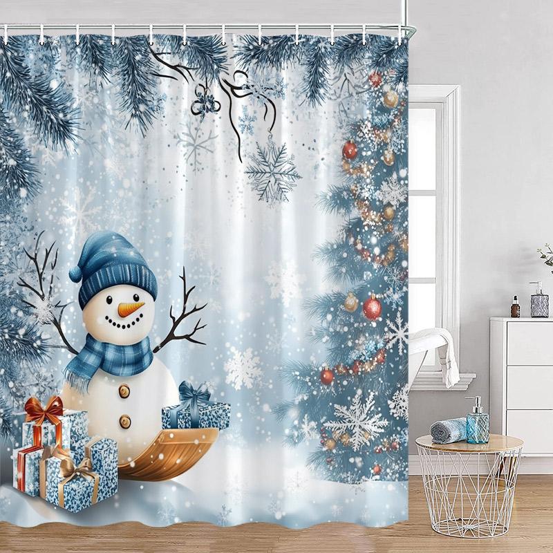 Cute Snowman Christmas Shower Curtain Winter Forest Xmas Trees Snow Lights New Year Home Bathroom Decor Bath Curtains With Hooks