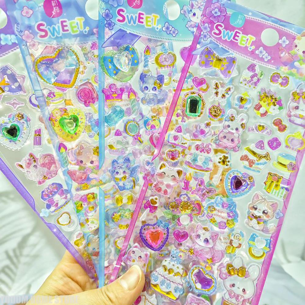 4 Pcs 3D Gorgeous Cute Cat Translucent Gemstone Stickers for Scrapbooking Kawaii Stickers Craft Supplies