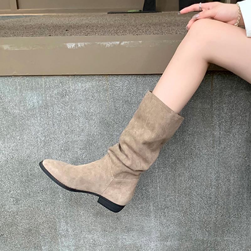 Fashion 2025 Luxury Genuine Leather Boots Women Suede Nubuck Cowboy Botas Femmes Mid-Calf Pleated Chunky Botines Fur Winter Snow Shoes