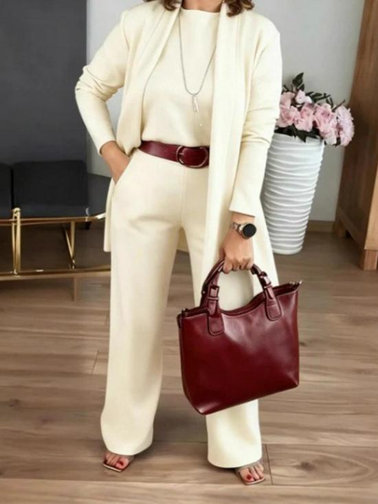 Women's 3-Piece Set: Pure Color Round Neck Top with Belt and Comfortable Long Sleeve Pants