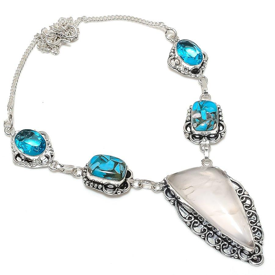 Natural Rose Quartz, Turquoise 925 Sterling Silver Jewelry Necklace 18" a5p94