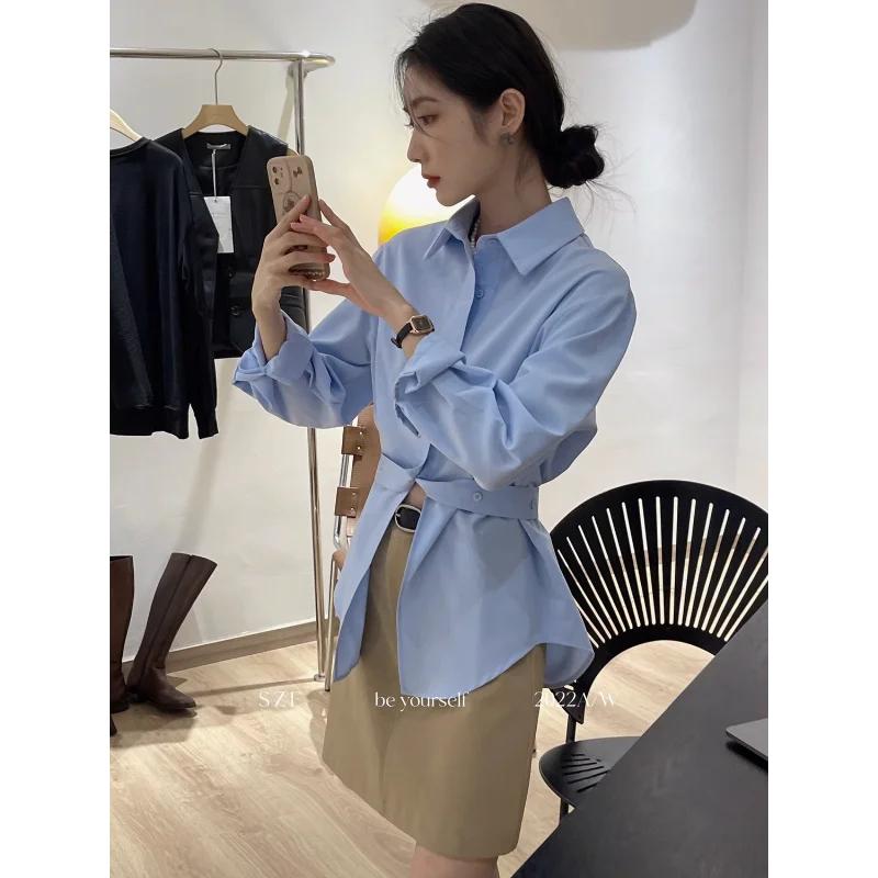 

Осень Новый Темперамент Ремешок на Талии Милый Топ Шикарный Дизайн Рубашка с Длинным Рукавом Женская Мода S синий