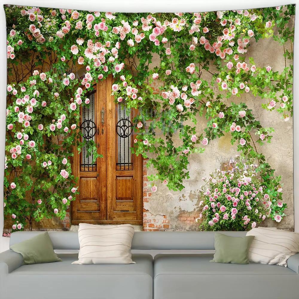 Street Flower Scenery Tapestry Vintage Blue Wooden Door Floral Plants Nature Landscape Home Garden Decor Wall Hanging Picnic Mat