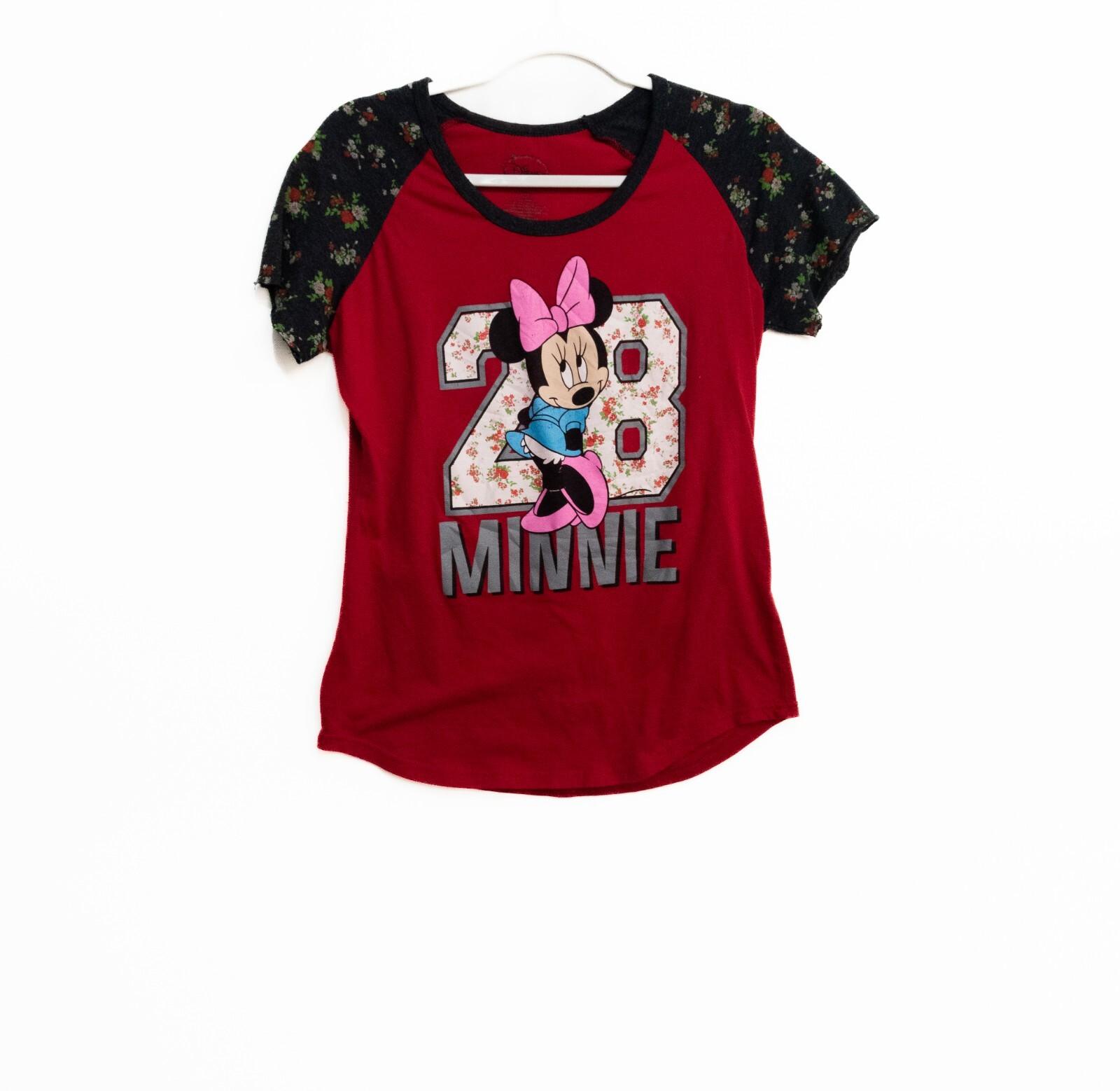 Disney Womens Red Black Polycotton T-Shirt Minnie Mouse 28 Floral Round Neck XL XXL