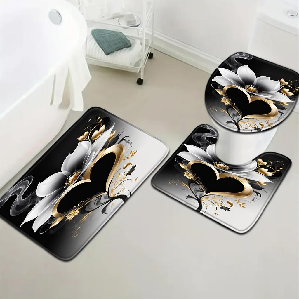 3pcs Elegant Black Golden Floral Bath Mat Set - Non-Slip, Fade-Resistant Polyester Floor Mats for Toilet Bathtub  Shower Area