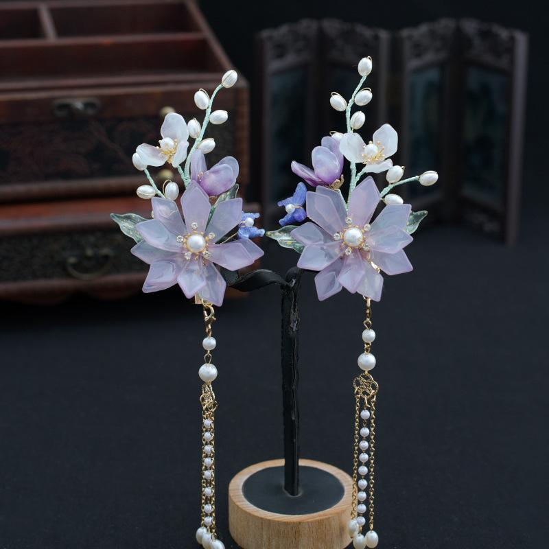 Purple Flower Hair Combs Chinese Hairpins Clips Tassel Pendant Jewelry Women Hanfu Dress Cosplay Pearl Butterfly Headpieces