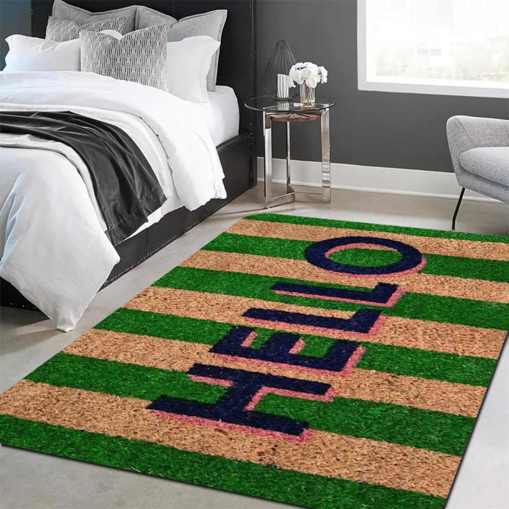 Green Brown Striped HELLO Welcome Doormat Non Slip Washable Entrance Floor Carpet Indoor Outdoor Home Decor RV Mat 1PC