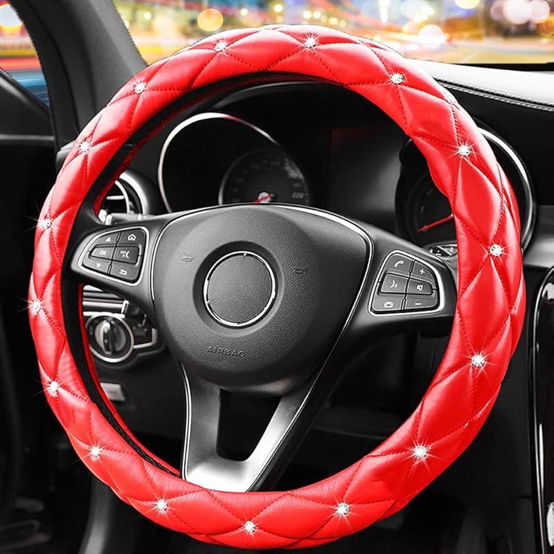 YOGURTCK Diamond Soft Leather Anti-Slip Steering Wheel Cover With Bling Bling Crystal Rhinestones, Universal 15 Inch For Women Girls, Fit Vehicles,