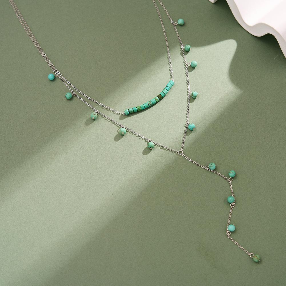 S925 Sterling Silver Two Layers Chain Layering Y-shape Turquoise Sweater Chain Necklace for Women Party Gift Necklace Jewelry